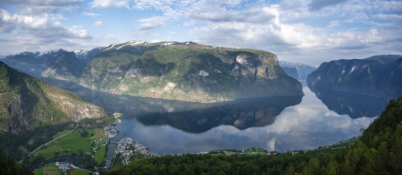 Mountains reflected in the water, Panorama, Aurlandsfjord, Aurland, Sogn og Fjordane, Norway