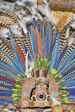 An Aztec dance troupe's feather costumes, Vienna, Austria, Europe