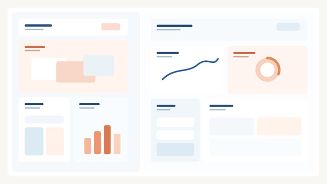 Minimal SaaS interface background with split screen modules, clean data widgets, layered panels, and structured app layout for template use in UI kits
