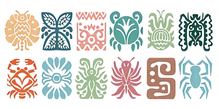 A collection of twelve unique pixel art monster icons inspired by ancient tribal glyph designs