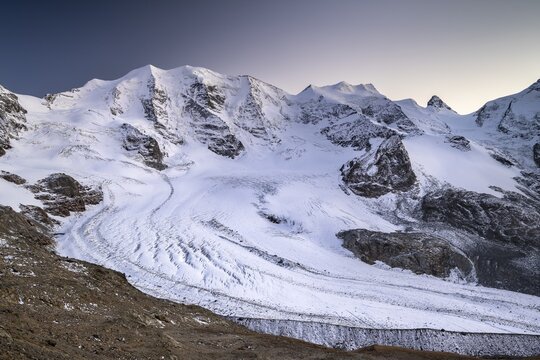 Mountain panorama on the Diavolezza, view of the Bernina Group, Piz Pal&uuml;, Bellavista, Piz Bernina, Pers Glacier, Morteratsch Glacier, Engadine, Switzerland