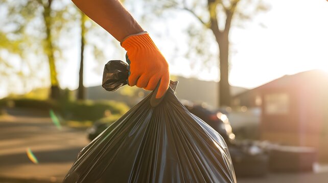 Person holding black trash bag outdoors in daytime