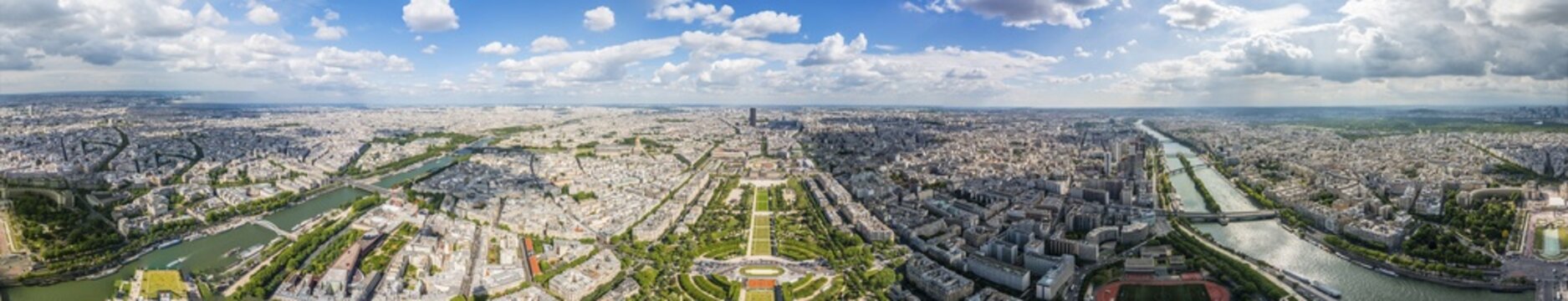 360 degree panorama from Eiffel Tower, Seine River, Champ de Mars, Trocad&eacute;ro, Place du Trocad&eacute;ro et du 11 Novembre, Paris, Ile-de-France, France