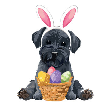 whimsical,sparkle, soft powder chalk, sketch, black giant schnauzer puppy, sitting, wearing a bunny footed onesie, and bunny ears headband,holding an easter basket,