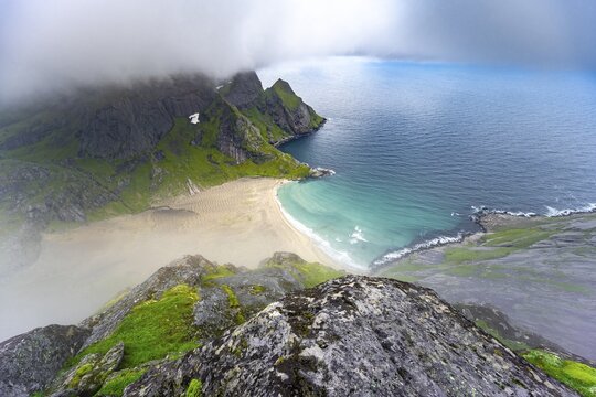 View from Helvetestinden to the beach of Bunes, Bunesstranda, behind mountain Storskiva, Lofoten, Nordland, Norway