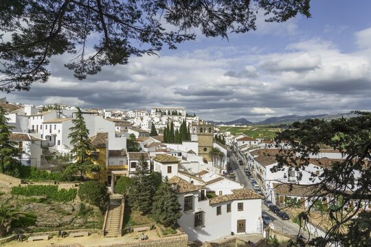 Townscape with the church Iglesia Padre Jesus, from the Casa del Rey Moro, Ronda, Malaga province, Andaluc&iacute;a, Spain