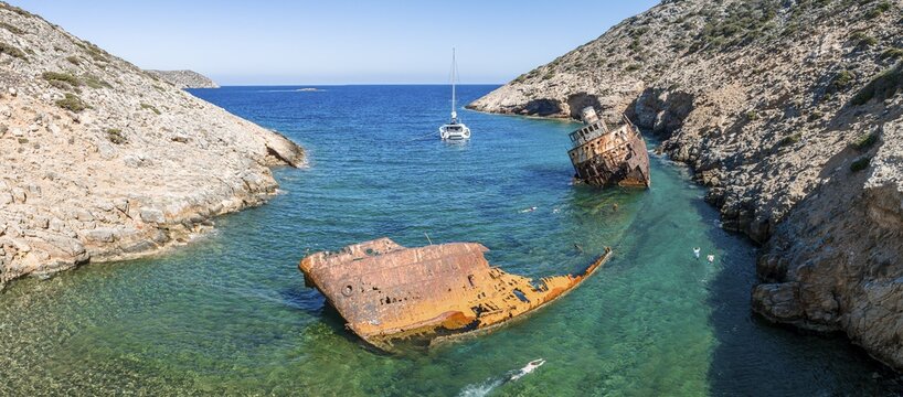 Aerial view, Shipwreck Olympia, Amorgos, Cyclades Island, Aegean Sea, Greece