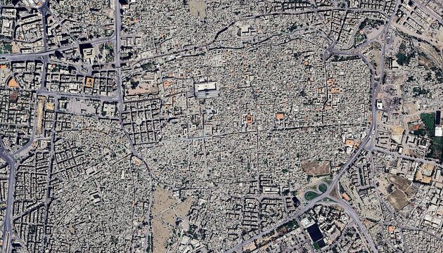 Aerial View of Old City of Damascus Syria Historic Urban Core