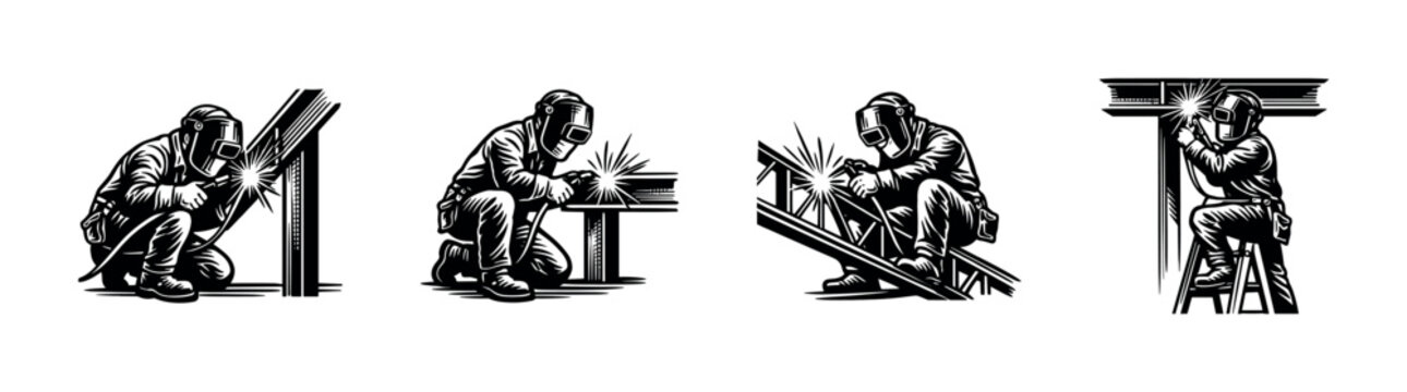 Black and white vector illustrations of welder at work silhouette elements for industrial design