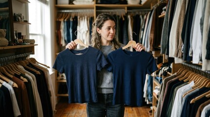 Fototapeta premium Woman holding t-shirts in closet