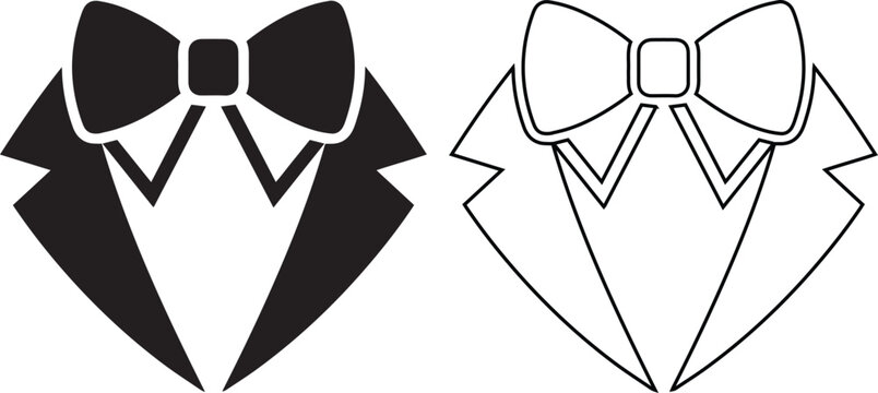 vector icons of a tuxedo suit jacket with a bowtie, showing a solid silhouette and simple outline for elegant gentleman fashion or formal event designs.