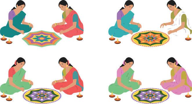Indian women creating colorful rangoli designs for festive celebration traditional art decoration cultural vector illustration isolated
