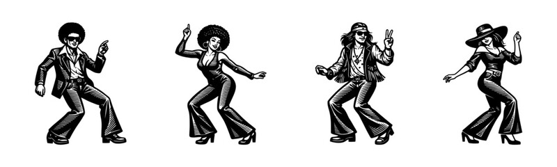 Obraz premium Retro dance party with disco attire, black and white vector illustration of dancing figures