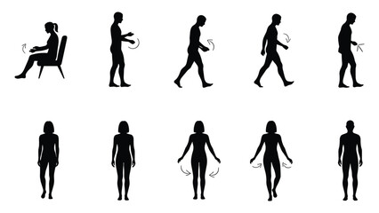 Fototapeta premium Human silhouette set of people walking sitting and standing with motion arrows