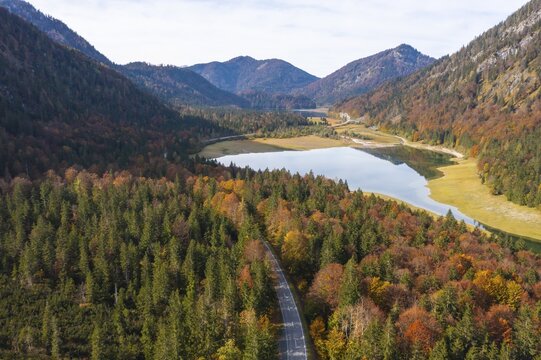 Aerial view, Mittersee, behind Weitesee, Reit im Winkl, Bavaria, Germany