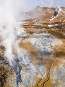 Aerial view, steaming river and fumaroles, geothermal area Hverar&ouml;nd, also Hverir or Namaskard, North Iceland, Iceland