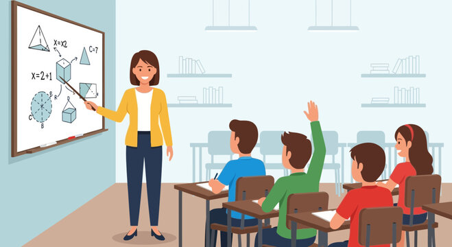 Teacher Explaining Math Equations on Whiteboard to Engaged Students in Classroom