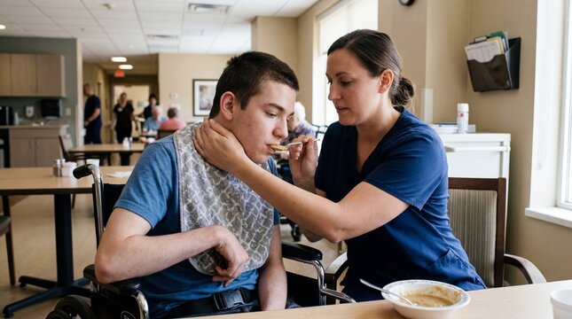 Female Caregiver Feeding Young Disabled Man in Wheelchair at Medical Facility