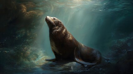 Fototapeta premium Sea lion emerges from dark ocean depths into sunlit water