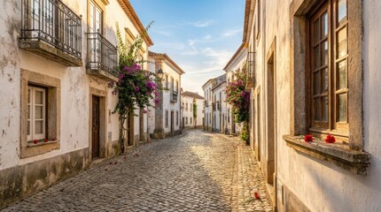 Fototapeta premium Charming cobblestone street with white buildings and purple bougainvillea in Portugal