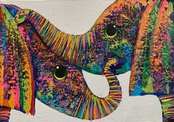 Elephant mother and baby abstract art painting, colorful acrylic texture, family love and protection concept © Boonyanut