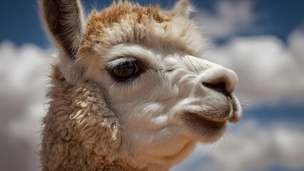 Fototapeta premium Close-up Portrait of a Fluffy Alpaca Face with Soft Blue Sky Background