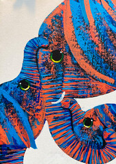 Elephant mother and baby abstract painting in blue and orange tones, family bonding concept © Boonyanut