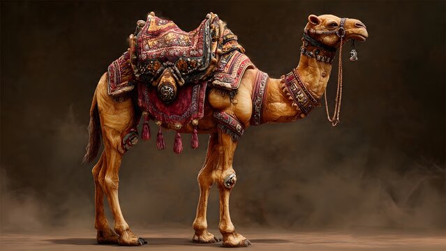 Ornate Camel with Traditional Saddle in Desert Landscape