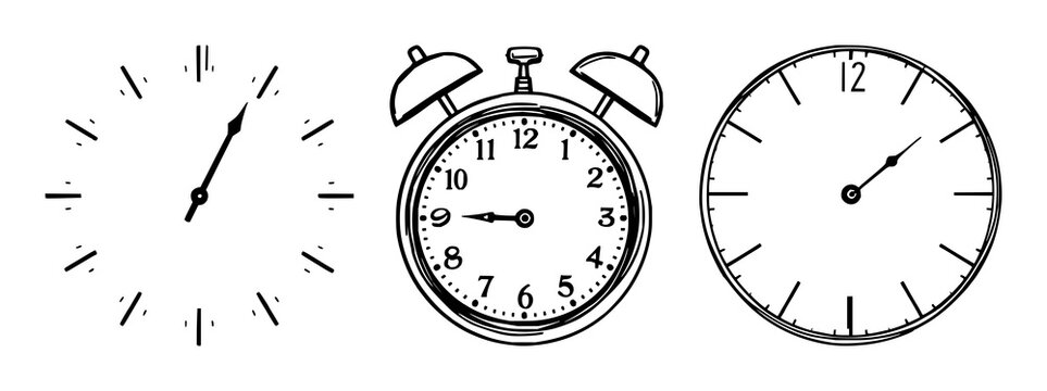 Clock face set with clean line art design featuring analog clocks, time zones, timekeeping with white background and vector illustration