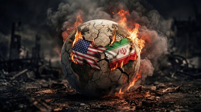 Global Conflict: USA and Iran Flags on a Burning Earth