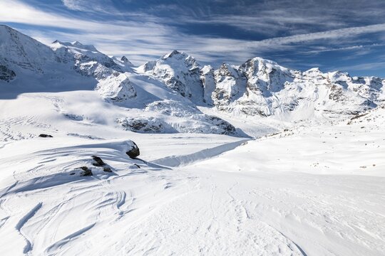 Winter mountain panorama on the Diavolezza, view of the Bernina Group, Piz Bernina, Persgletscher, Morteratsch Glacier, Engadine, Switzerland