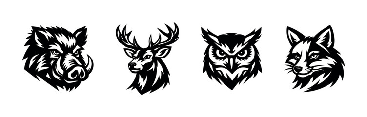 Obraz premium Four animal head silhouettes in black and white featuring boar deer owl and fox vector illustration