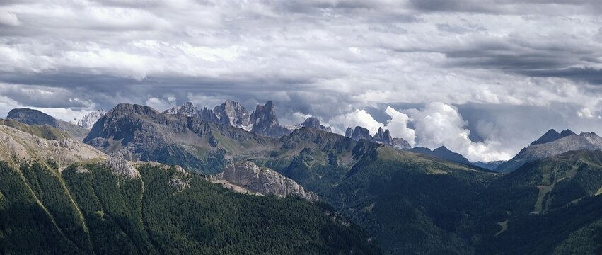 Panoramic view of Pale de San Marino seen from Mt. Rosengarten, Tiers, Bolzano-Bozen, Italy, Europe