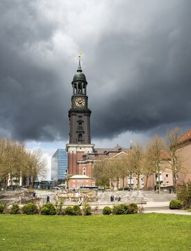 Hamburger Michel, St. Michaelis church with storm clouds, Hamburg, Germany