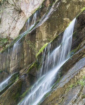 Waterfall on mossy slope in gorge, Wimbachklamm, Wimbachtal, Ramsau bei Berchtesgaden, Berchtesgaden area, Upper Bavaria, Bavaria, Germany