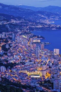 The coastline with the city at dusk, Monaco