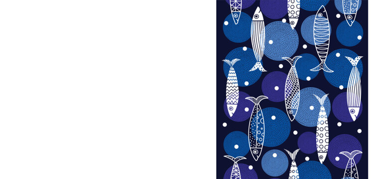 Sardines. Vector sea poster. Undersea. Wave.