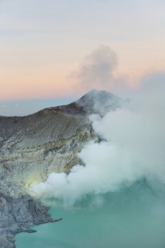 Volcano Kawah Ijen, volcanic craters with crater lake and steaming vents, morning light, Banyuwangi, Sempol, Eastern Java, Indonesia