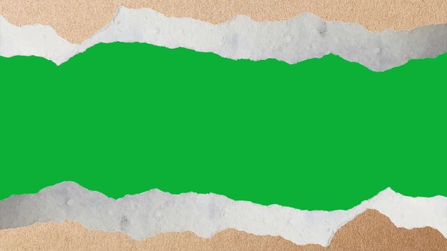 Brown torn paper tearing animation with white ripped edge on green background, chroma key paper reveal transition effect