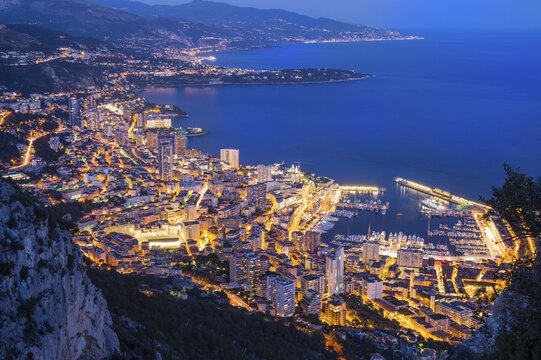 The coastline with the city at dusk, Monaco