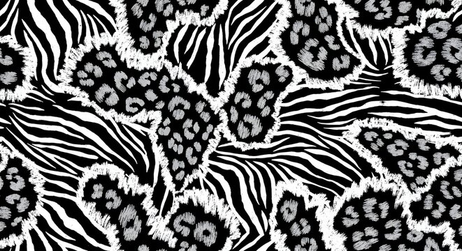 Black and white hybrid animal print with zebra stripes and leopard spots. Wild safari fashion textile. Seamless monochrome fabric pattern featuring mixed jungle predator textures