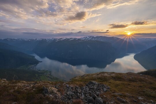 Sunset, view from the top of the mountain Prest on fjord Aurlandsfjord, Aurland, Norway