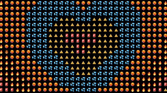 Emoji animated background. Viral pop culture scandal and hot news template. Spicy social media drama and gossip storytime looping video. Seamless grid of fire siren warning and hot emojis transition