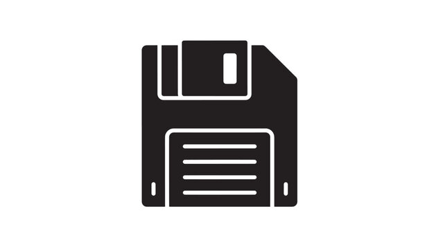 Floppy disk icon with a black solid fill representing old data storage and retro technology featuring diskette, vintage, digital with hardware and