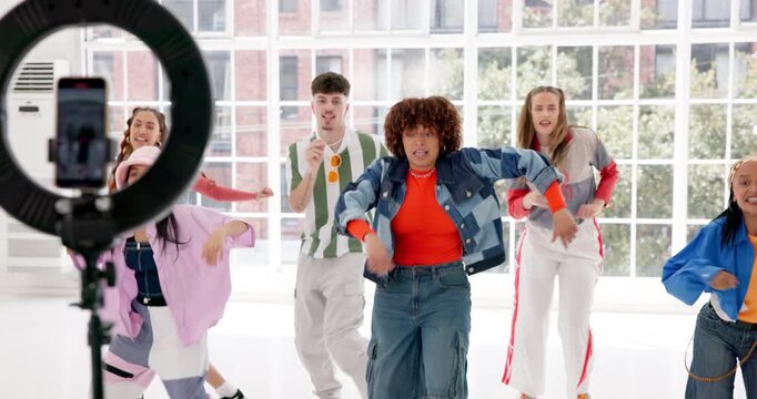 Record video, friends and people dance for hip hop performance, fashion or content creation. Happy, dancer or live stream on social media with phone, energy or influencer group with studio ring light