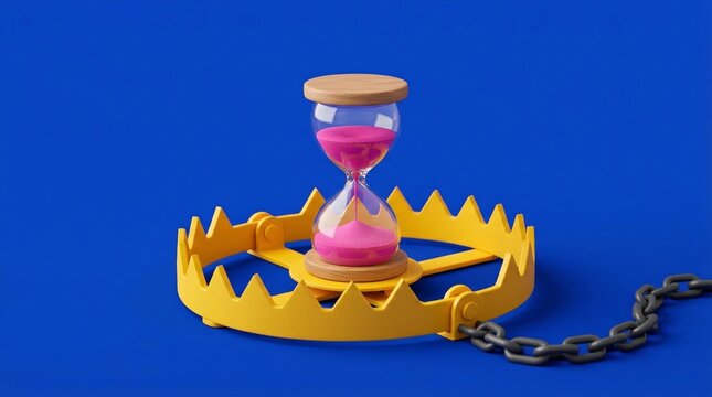 Pink hourglass inside yellow bear trap on blue background, symbolizing time pressure or trap