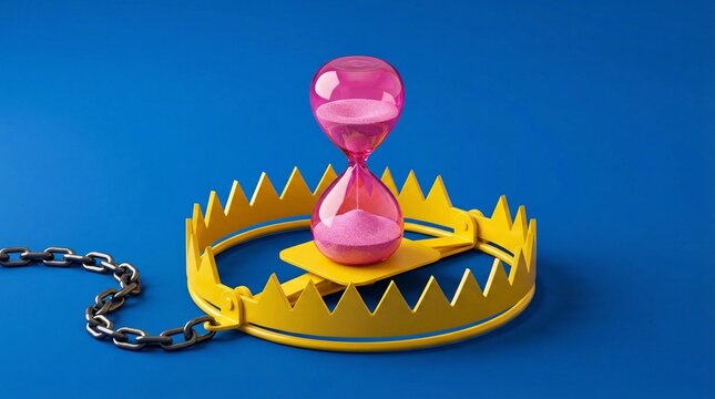 Pink hourglass inside yellow bear trap on blue background, symbolizing time pressure or trap