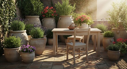 Fototapeta premium A sunlit outdoor patio with a wooden table and chair surrounded by numerous potted plants and blooming flowers.