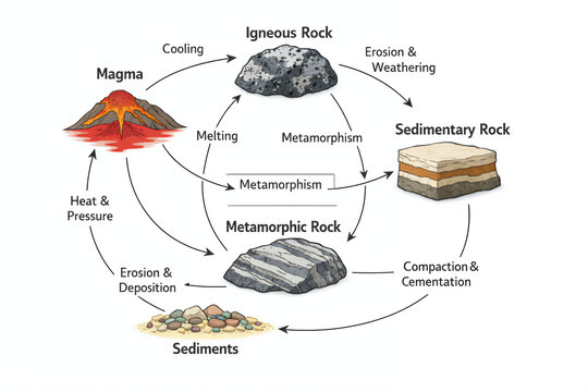 Rock Cycle Diagram showing Igneous Sedimentary and Metamorphic Rocks