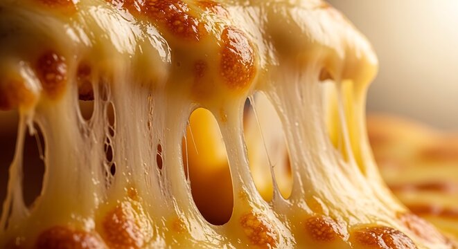 Close-up of hot, melted cheese stretching from a freshly baked pizza, showcasing its gooey and delicious texture.